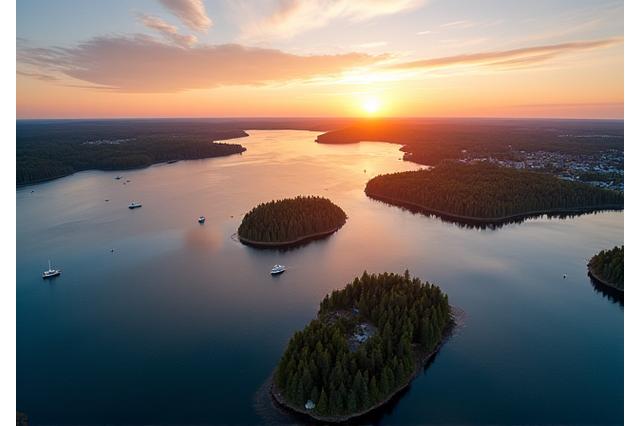 Linnunlentokuva Helsingin saaristosta kesäiltana, auringonlasku heijastuu vedestä, upea näkymä ylhäältä.