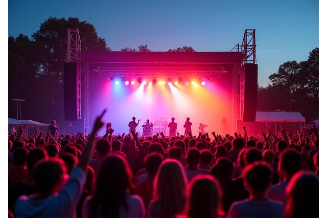 Ihmiset juhlivat ulkoilmakonsertissa, lavalla esiintyy bändi, capture festivaalin energiaa.