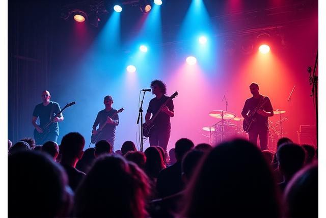 Dynaaminen konserttikuvaus lavalla soittavasta bändistä